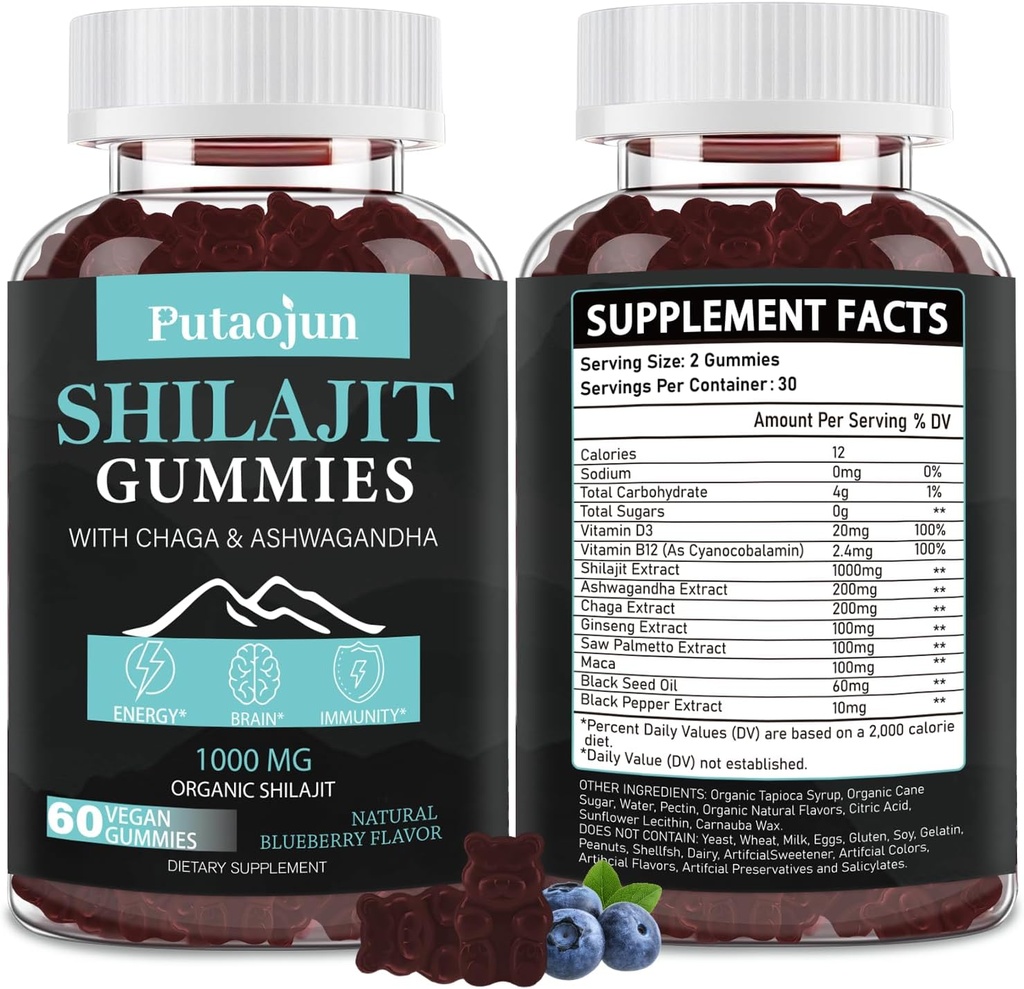 Shilajit for Man,Woman & Kid.Himalayan Gold Shilajit Gummies.1000mg Shilajit,200mg Ashwagandha,200mg Chaga,100mg Ginseng,100mg Saw Palmatto,60mg Black Seed Oil