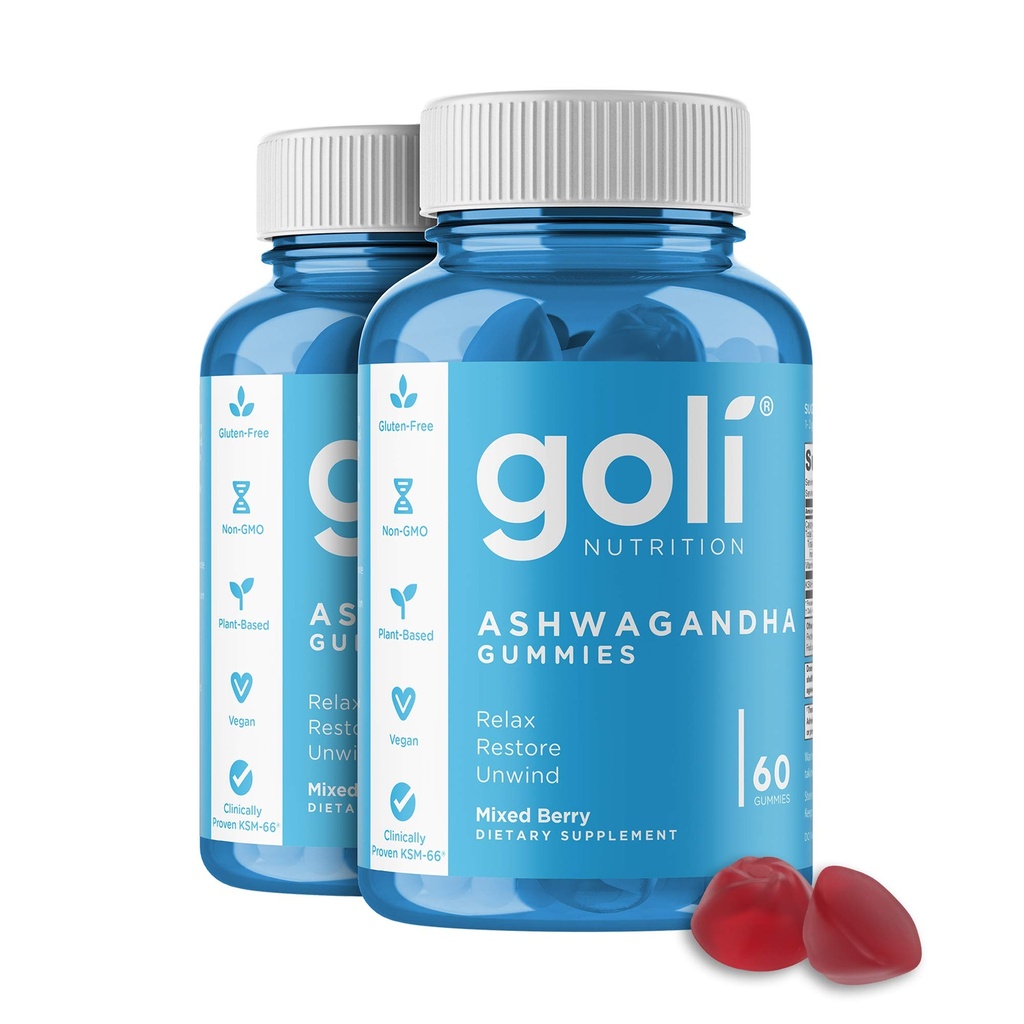 Goli Ashwagandha & Βιταμίνη D Gummy 120 Κόμης - Χαλαρώστε. Επαναφορά. Χαλάρωσε. (Mixed Berry, KSM-66, Vegan, Plant Based, Μη ΓΤΟ, Χωρίς Γλουτένη & Ζελατίνη), Συσκευασία των 2