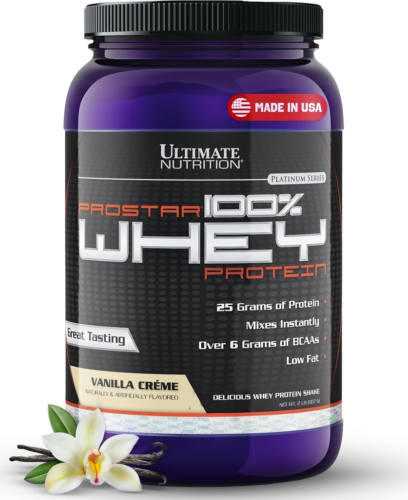 Ultimate Nutrition Prostar Whey Protein Powder Isolate, Vanilla - Χαμηλή υδατανθράκων, υψηλής πρωτεϊνικής σκόνης Shake for muscle Gain & Recovery - Χαμηλό νάτριο, χαμηλής περιεκτικότητας σε λιπαρά και Keto Friendly - 2 lbs Tub