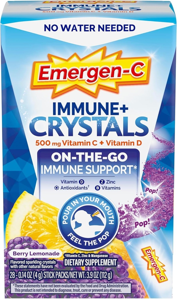 Emergen-C Immune Plus κρύσταλλοι, On-The-Go συμπλήρωμα υποστήριξης ανοσοποιητικών με βιταμίνη C, βιταμίνη D, βιταμίνη Β, ψευδάργυρο και μαγγάνιο, Berry Λεμονάδα, Επιστροφή στο σχολείο Απαραίτητα - 28 Stick συσκευασίες