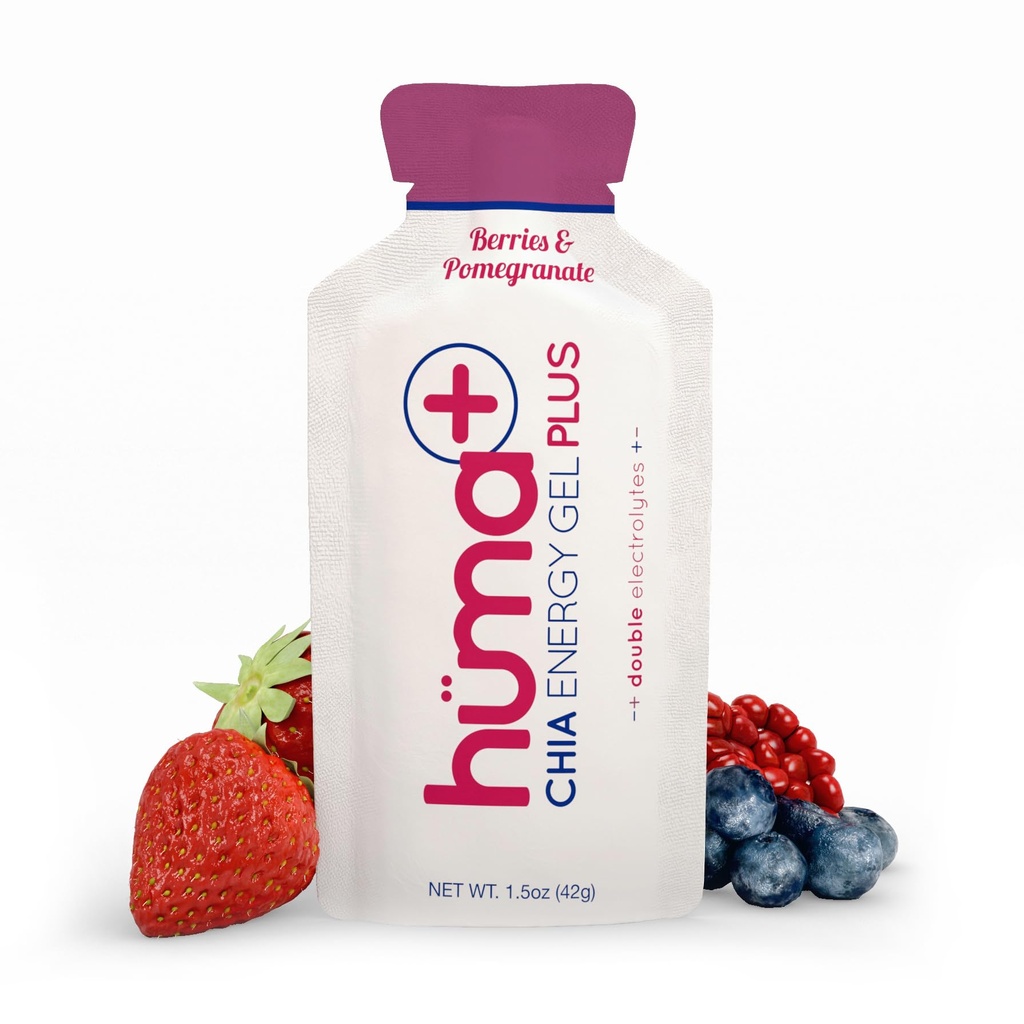 Huma Plus (διπλοί ηλεκτρολύτες) - Chia Energy Gel, μούρα & Ρόδι, 12 Gels - Στομάχι φιλικό, Real Food Energy Gels