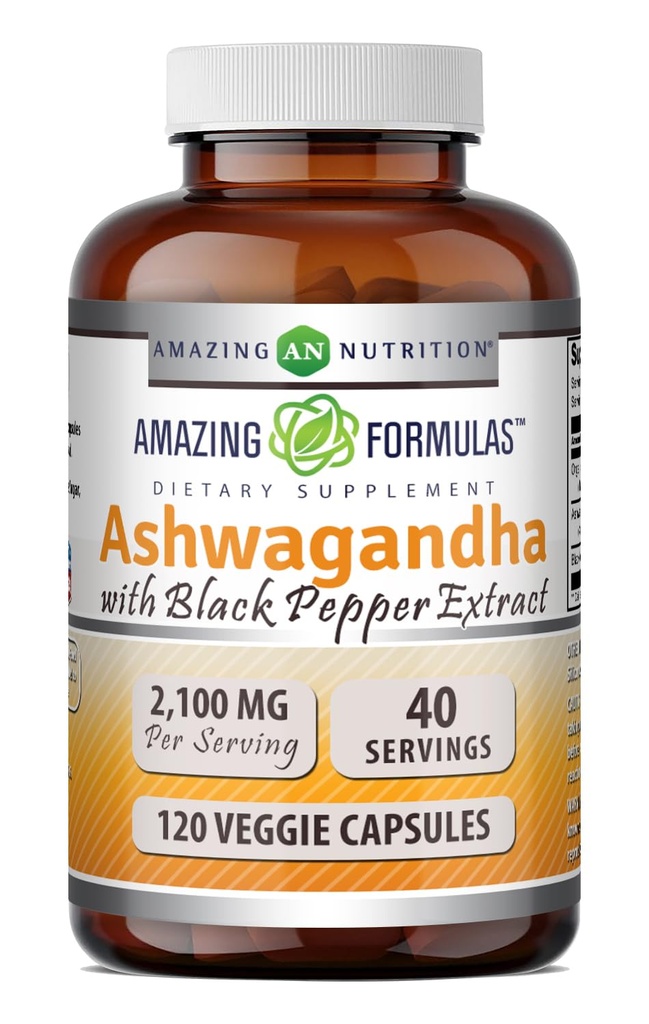 Amazing Formulas Ashwagandha Root with Black Pepper Extract Supplement | 2100 Mg Per Serving Extra Strength | 120 Veggie Capsules | Non-GMO | Gluten-Free | Made in USA