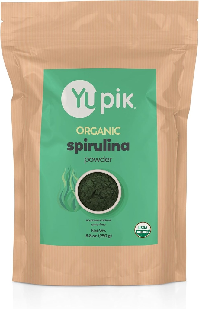 Yupik Organic Spirulina Powder 8.8 oz, USDA Certified, Non-GMO, Kosher, Gluten-Free, Vegan, High in Protein, Iron & Antioxidants, Superfood for Smoothies, Shakes & Baking