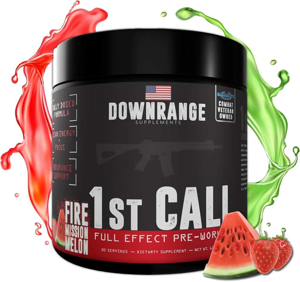 DownRange 1st Call Pre Workout Powder, Preworkout για άνδρες & γυναίκες, Amino Acid Beta Alanine & Caffeine για αντλία, ενέργεια και υποστήριξη εστίασης, 30 σέρβις (Strawberry Watermelon)
