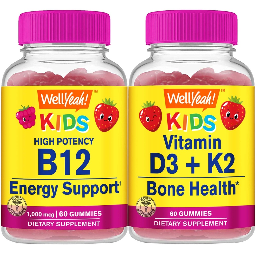 WellYeah Vitamin B12 Kids + Vitamin D3+K2 Kids, Gummies Bundle - Great Tasting, Vitamin Supplement, Gluten Free, GMO Free, Chewable Gummy