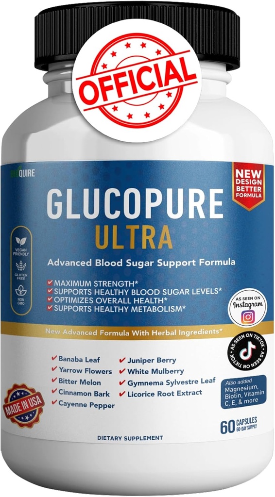 Gluco Pure Ultra Dietary Supplement, 60 κάψουλες, μέγιστη δύναμη, υποστηρίζει υγιή επίπεδα ζάχαρης αίματος, βελτιστοποιεί τη συνολική υγεία (1)