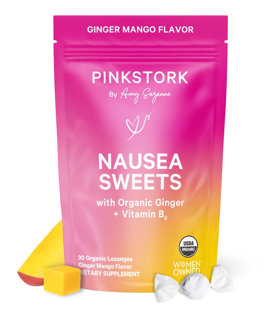 Pink Stork οργανικά γλυκά μάνγκο με βιταμίνη Β6 για πρωινή ασθένεια και ναυτία ασθένεια, Προστέθηκε Ginger & βιταμίνη Β6, 1ο Trimester Εγκυμοσύνη Πρέπει να έχει - 30 τυλιγμένα καραμέλες