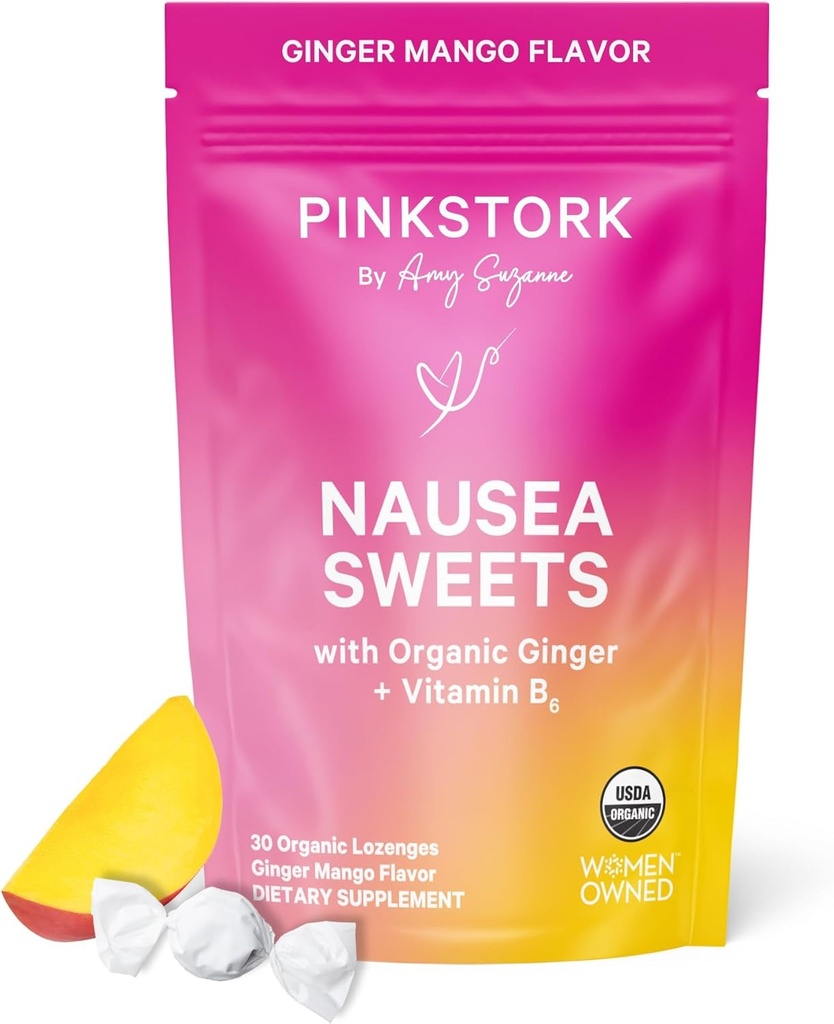 Pink Stork Organic Mango Sweets with Vitamin B6 for Morning Sickness and Motion Sickness, Added Ginger & Vitamin B6, 1st Trimester Pregnancy Must Haves - 30 Wrapped Candies