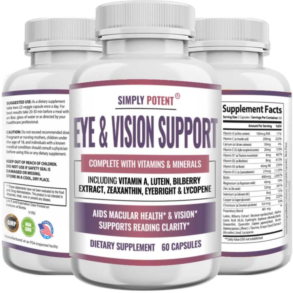 Lutein & Zeaxanthin Συμπληρώματα για την υγεία των ενηλίκων, φυσικό μάτι & όραση Φόρμουλα w/Vitamin A, Lutein, Zeaxanthin, Bilberry Extract, Eyebright & Lycope για Retina & Lens 60 Caps