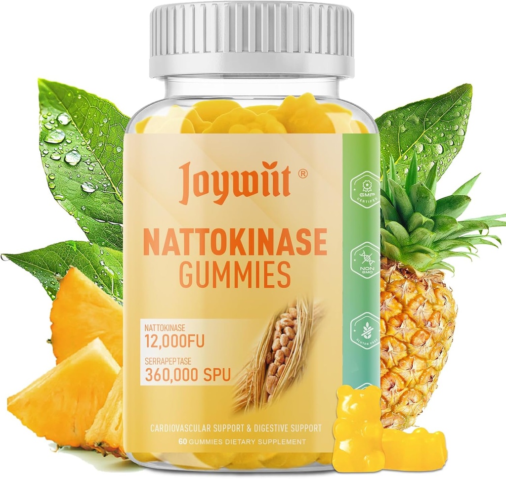 Nattokinase Gummies 12,000 FU, Serrapeptase Gummies 360,000 SPU Enzyme Supplement with Bromelain Papain & Inulin for Circulatory, Gut, Digestion Support, Vegan, Non GMO, 60 Counts