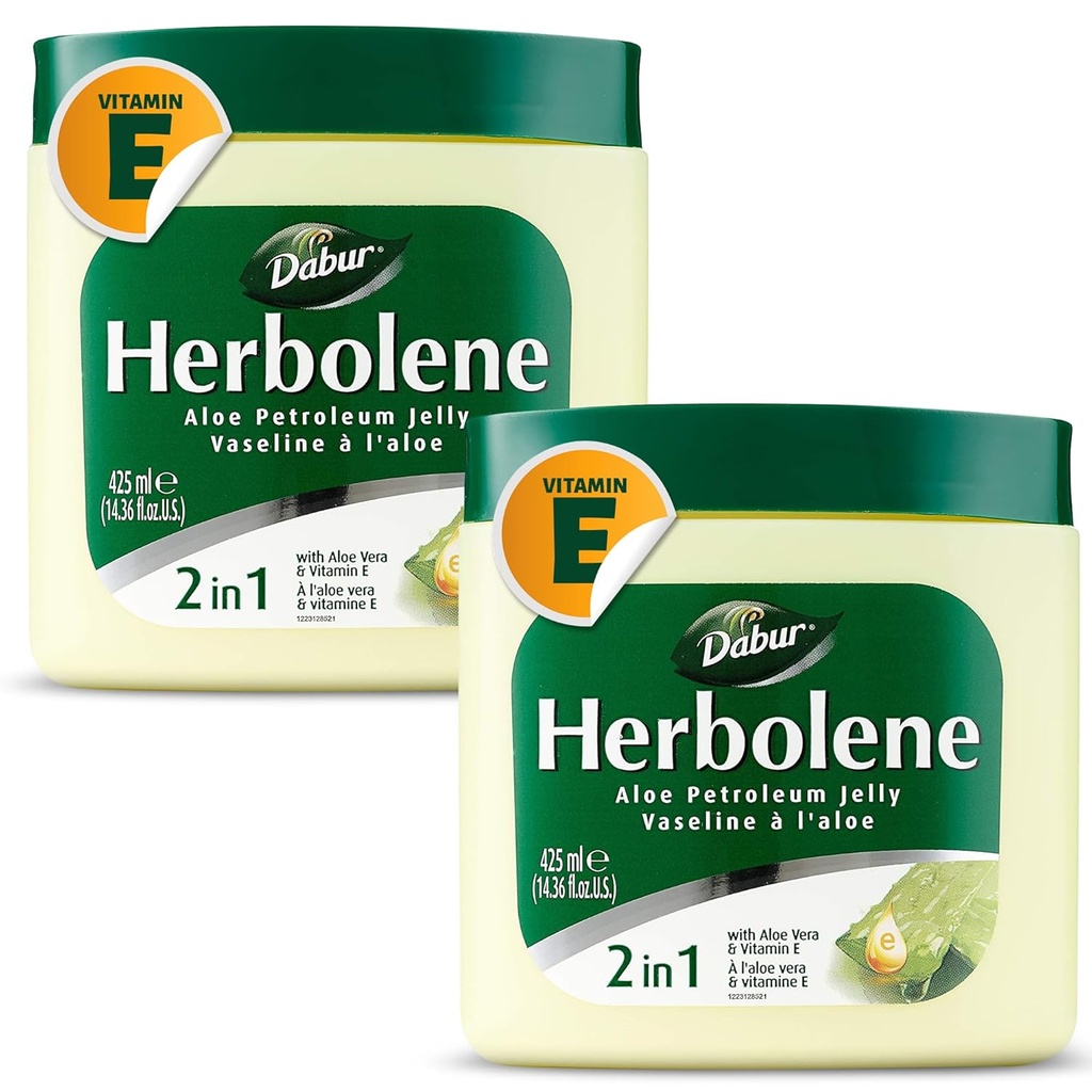Dabur Herbolene Aloe Vera Gel Petroleum Jelly - Ενισχυμένο με Βιταμίνη Ε για βαθιά & εντατική ενυδάτωση του δέρματος - Απαλό στο ευαίσθητο δέρμα - Νουρίζοντας Bliss και Διαρκής ενυδάτωση - 425 ML (Pack of 2)