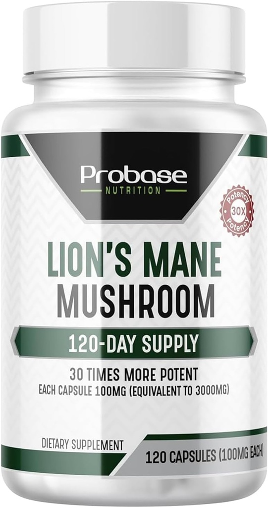 Probase Nutrition Lions Mane συμπλήρωμα κάψουλες 30x Potency Extract συμπλήρωμα μανιταριών 4 μήνα προσφοράς 120 Count