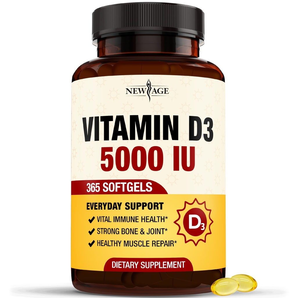 NEW AGE Vitamin D3 5000 IU 125mcg Softgels - Υποστήριξη για την Ανοσολογική Υποστήριξη, Ισχυρή Υγεία των Οστών - Μη-ΓΤΟ, Χωρίς Γλουτένη, Γαλακτο-ελεύθερος, 1 έτος προσφοράς (360 Softgels (Pack of 1))