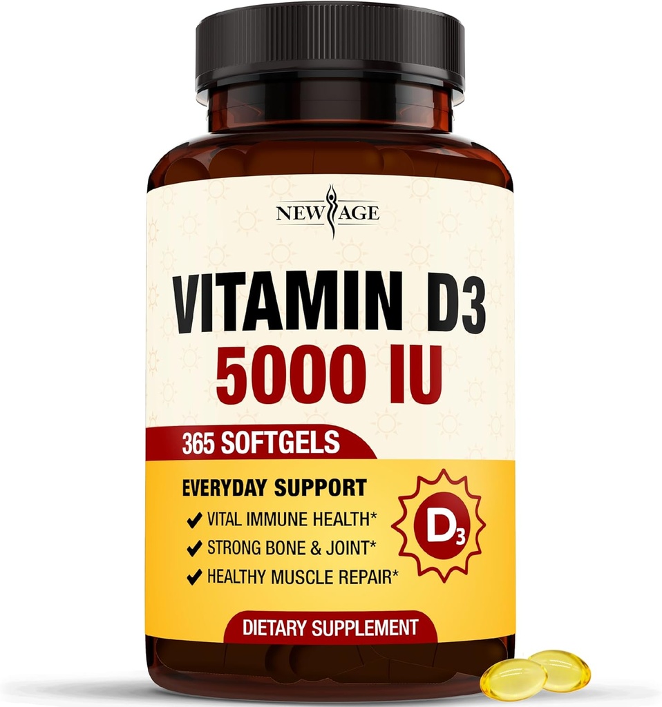 NEW AGE Vitamin D3 5000 IU 125mcg Softgels - Υποστήριξη για την Ανοσολογική Υποστήριξη, Ισχυρή Υγεία των Οστών - Μη-ΓΤΟ, Χωρίς Γλουτένη, Γαλακτο-ελεύθερος, 1 έτος προσφοράς (360 Softgels (Pack of 1))