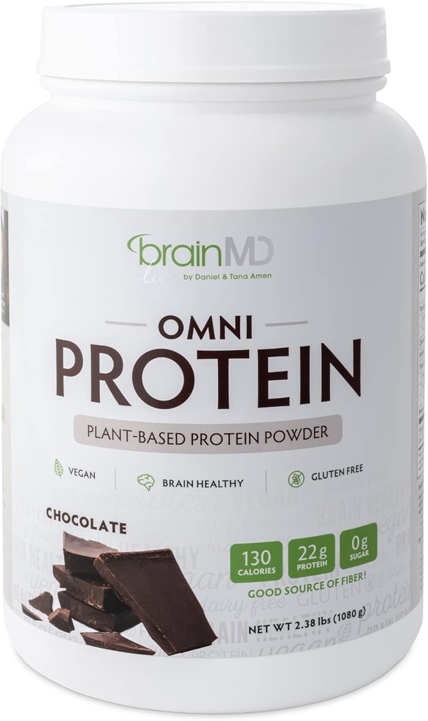 BRAINMD Dr Amen Omni Protein Chocolate - 2.38 λίβρες - Φυτική βάση Protein Powder - Προάγει την ανάκτηση ενέργειας & ασκήσεων - Vegan, χορτοφάγος, χωρίς ζάχαρη, χωρίς γλουτένη - 30 εξυπηρετήσεις