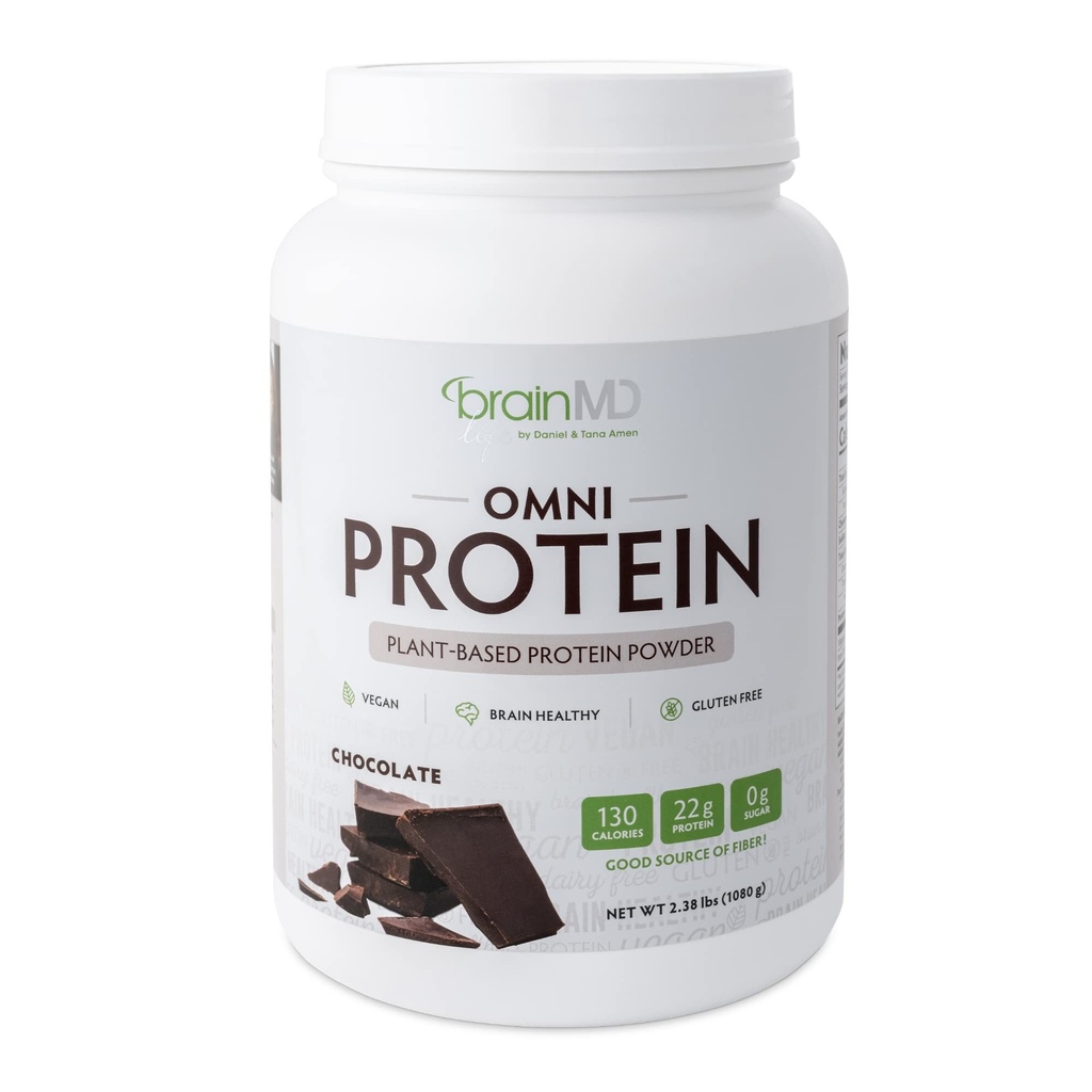 BRAINMD Dr Amen Omni Protein Chocolate - 2.38 lbs - Plant-Based Protein Powder - Promotes Energy & Exercise Recovery - Vegan, Vegetarian, Sugar Free, Gluten Free - 30 Servings