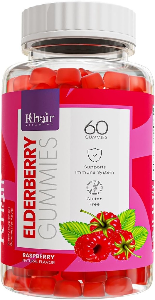 Khair Halal Elderberry Gummies - Super Antioxidants Supplement, Ενισχύει Ανοσία & Καταπολέμηση Εποχιακές Αλλεργίες - Μη ΓΤΟ, Χορτοφαγικά, Χωρίς Γλουτένη, Ζελατίνη Χωρίς & Χαλικές Βιταμίνες - 60 Gummies