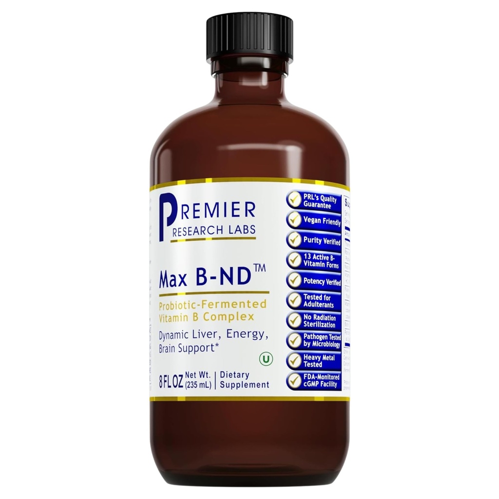 Premier Research Labs Max B-ND - Liquid Vitamin B Complex για την υγεία του ήπατος και του εγκεφάλου, υπογλώσσιες σταγόνες για άνδρες και γυναίκες με θειαμίνη, B12 & B6-8 Fl Oz μπουκάλι