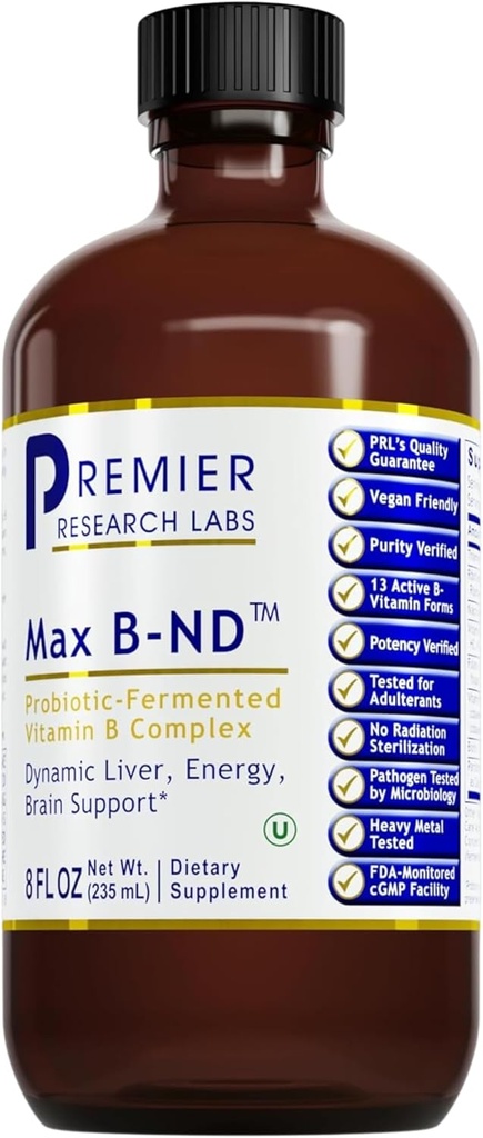 Premier Research Labs Max B-ND - Liquid Vitamin B Complex για την υγεία του ήπατος και του εγκεφάλου, υπογλώσσιες σταγόνες για άνδρες και γυναίκες με θειαμίνη, B12 & B6-8 Fl Oz μπουκάλι