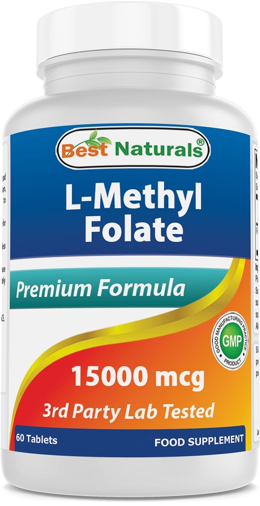 Best Naturals Methyl Folate 15000 mcg (15mg) (Most Bio-Available) 60 Tablets - Supports Cell Formation Growth Function, Brain, Memory, Cardiovascular Health (60 Count (Pack of 1))