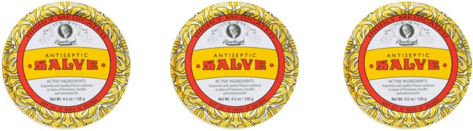 Rawleigh Antiseptic Salve Iconic Yellow Big Tin: 4.5 oz, Multi-Purpose Ointment Soothes Cuts, Μώλωπες, Ερεθισμοί, με Turpentine, Phenol, Cottonseed Oil & Paraffin, Original Formula - Συσκευασία των 3