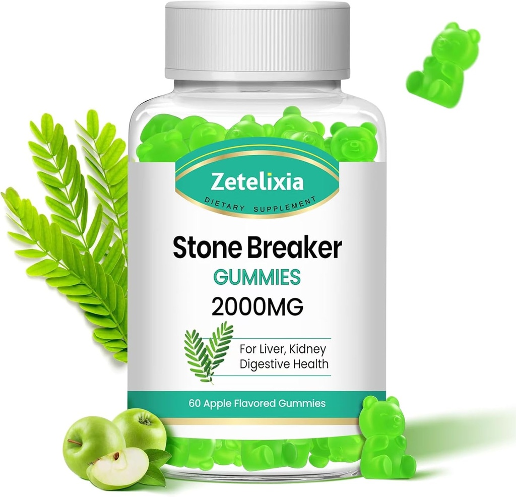 Chanca Piedra Stone Breaker Gummies, Βιολογικό συμπλήρωμα βοτάνων για την υγιεινή της νεφρικής κάθαρσης και της χοληδόχου κύστης, Διαλύτες λίθων νεφρών, Χωρίς ζάχαρη, Vegan, Μη ΓΤΟ, Apple Γεύση, 60 κόμης