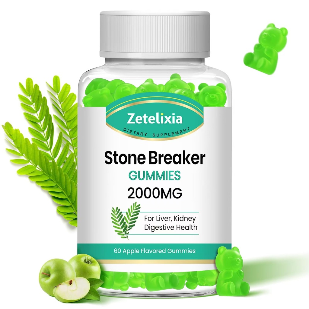 Chanca Piedra Stone Breaker Gummies, Βιολογικό συμπλήρωμα βοτάνων για την υγιεινή της νεφρικής κάθαρσης και της χοληδόχου κύστης, Διαλύτες λίθων νεφρών, Χωρίς ζάχαρη, Vegan, Μη ΓΤΟ, Apple Γεύση, 60 κόμης
