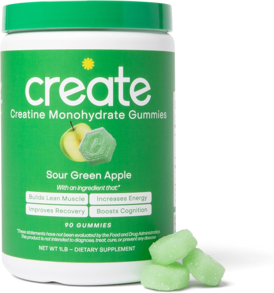 Creatine Monohydrate Gummies for Men & Women - Ενισχύστε την εστίαση, τη δύναμη και την αντοχή, Anti-Melting Formula, Vegan, Gluten-free, Non-GMO, 1,5 Gram Creatine per Gummy (Sour Green Apple, 90 ct)