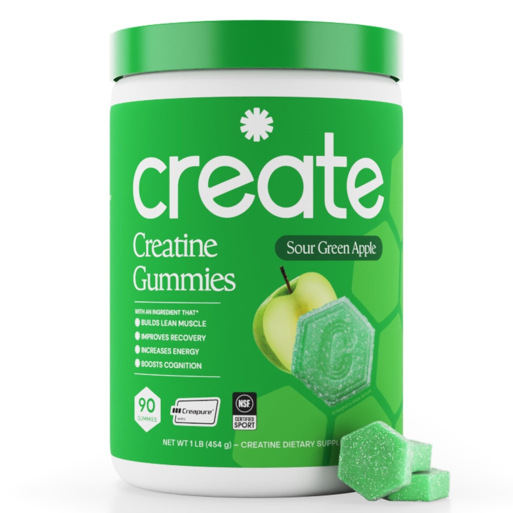 Creatine Monohydrate Gummies for Men & Women - Ενισχύστε την εστίαση, τη δύναμη και την αντοχή, Anti-Melting Formula, Vegan, Gluten-free, Non-GMO, 1,5 Gram Creatine per Gummy (Sour Green Apple, 90 ct)
