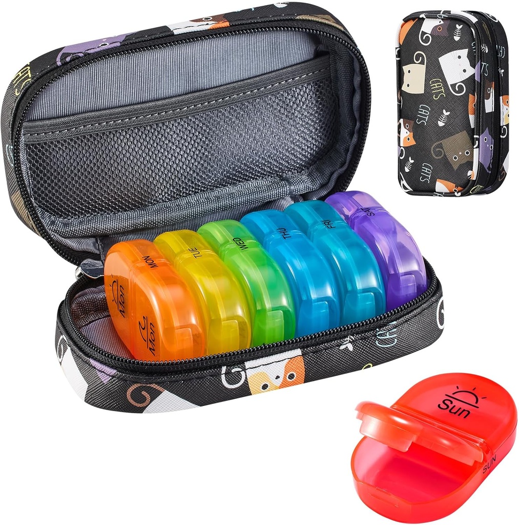 Serfeymi Weekly Travel Pill Organizer 2 φορές A Day AM PM Αναβάθμιση του κιβωτίου χαπιών Rainbow 7 Ημέρα με Φορητή θήκη χαπιών Zipper PU Δέρμα, Οργανωτής Ιατρικής για χάπια, βιταμίνες, ιχθυέλαια - Μαύρο 02