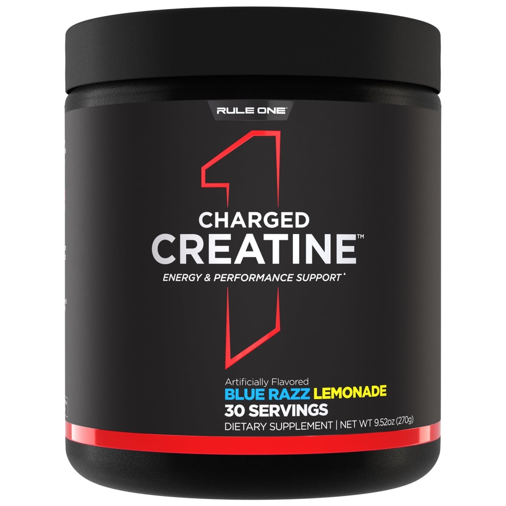 Κανόνας 1 Φορτισμένη Creatine - Multi-Function συμπλήρωμα προπόνησης με Createine, Electrolyte, and Energy Blends for Intensity, Performance, & Hydration Support (30 Servings, Blue Razz Lemonade)