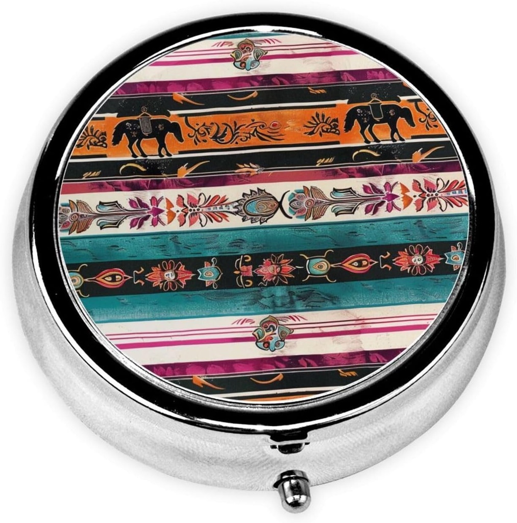 Horse Print Printed Round Pill Organizer with 3 Compartments, Portable Mini Pill Box Pill Case for Medicine, Vitamin, Fish Oil, Supplements