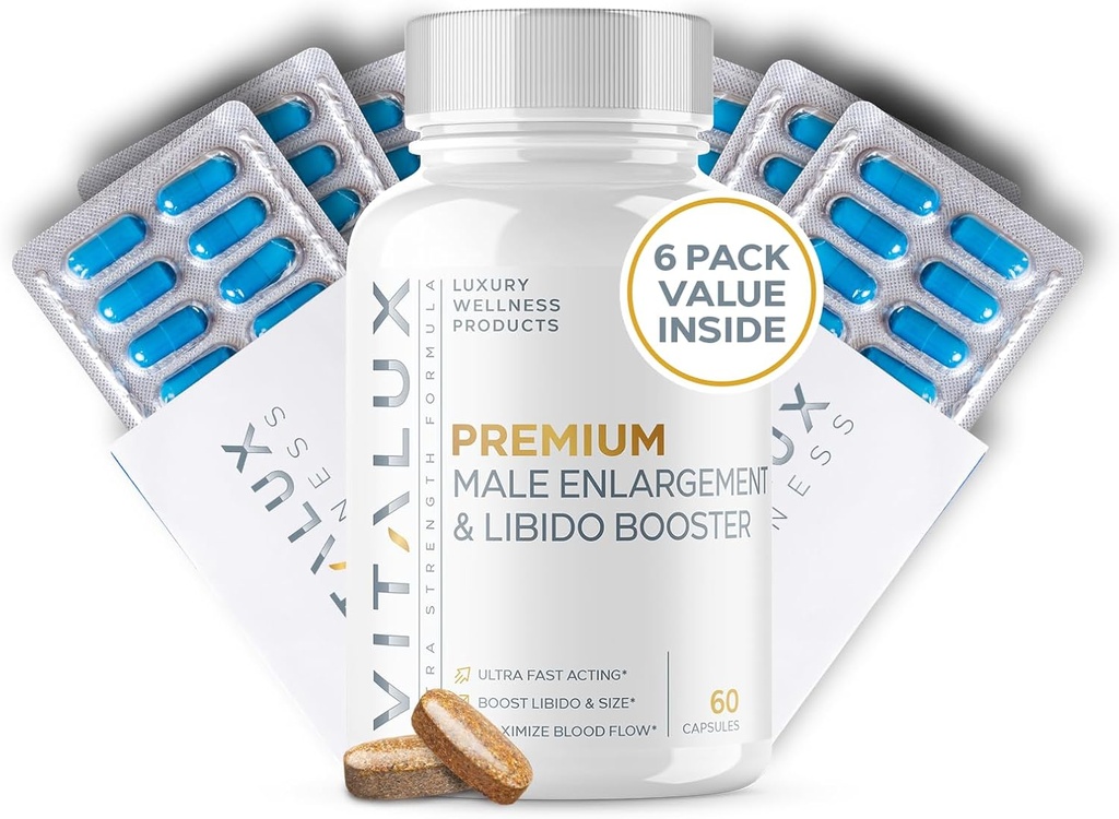 VITALUX || #1 Dosed Premium Erection Support & Libido Booster || Fast-Acting Blood Flow, Size & Firmness for Men's Enhancement | L-Arginine + 18 Ingredients | 3rd Party Tested + USA Made - 60 Pills
