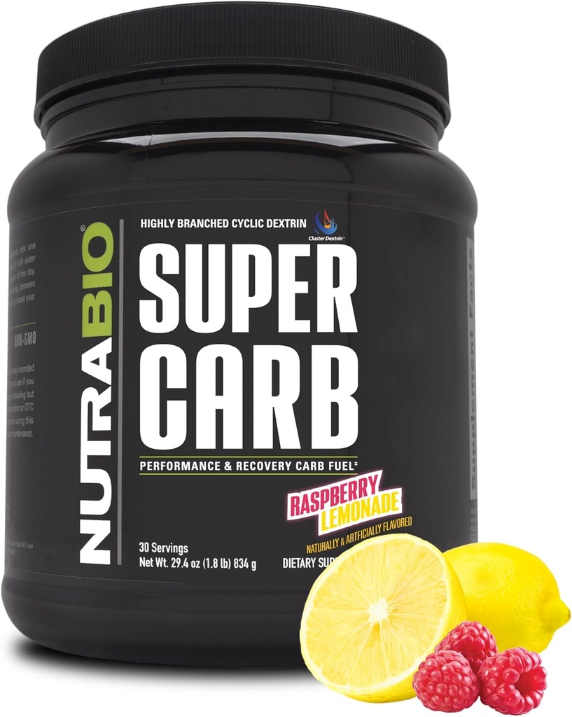 NutraBio Super Carb, Carbohydrate Powder with Cluster Dextrin & Electrolytes, Advanced Carb Supplement Powder for Workout Fuel, Performance, and Muscle Recovery,Cyclic Dextrin, Raspberry Lemonade, 30 Sv