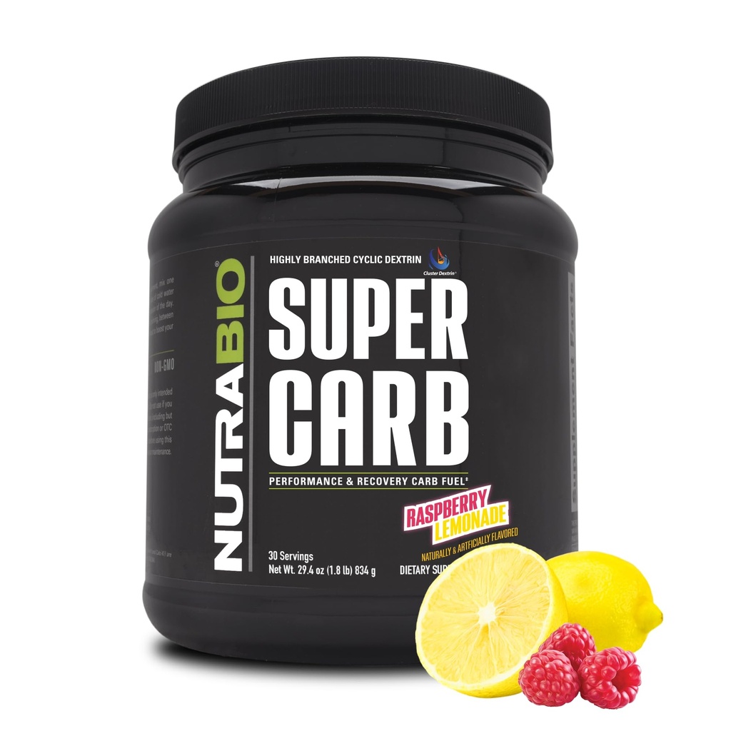 NutraBio Super Carb, Carbohydrate Powder with Cluster Dextrin & Electrolytes, Advanced Carb Supplement Powder for Workout Fuel, Performance, and Muscle Recovery,Cyclic Dextrin, Raspberry Lemonade, 30 Sv