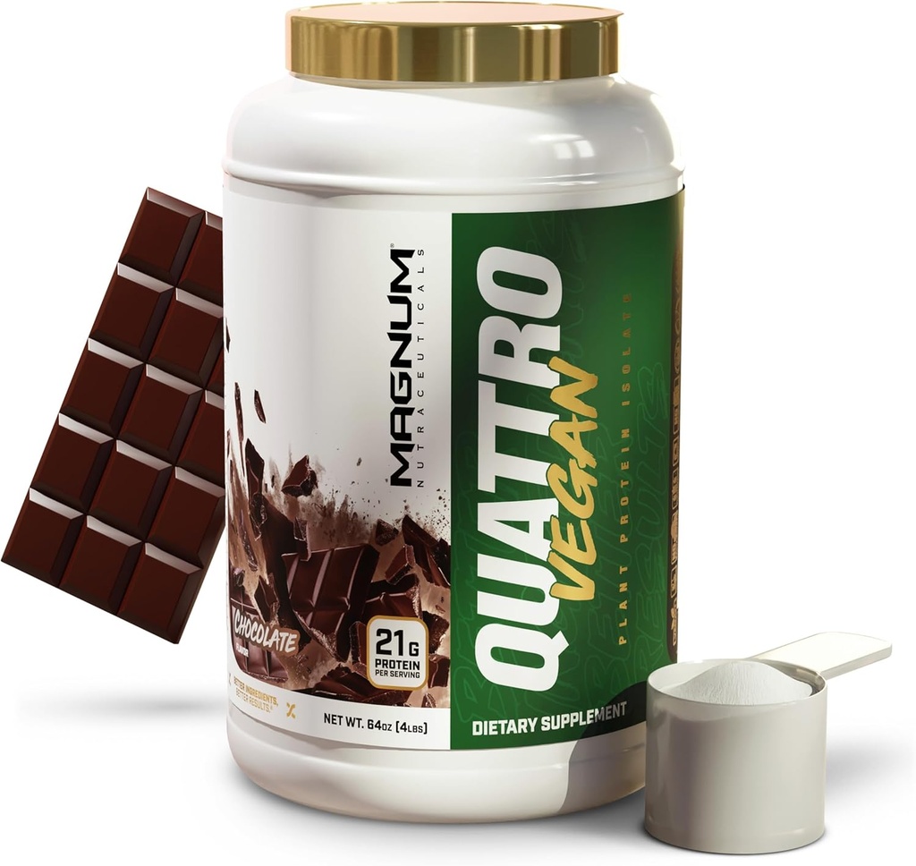 Magnum Nutraceuticals Quattro Vegan Protein Powder, Chocolate 2lb – Premium Φυτοβασισμένη Πρωτεϊνική Σκόνη Απομονωμένη για την ανάπτυξη των μυών & την αποκατάσταση