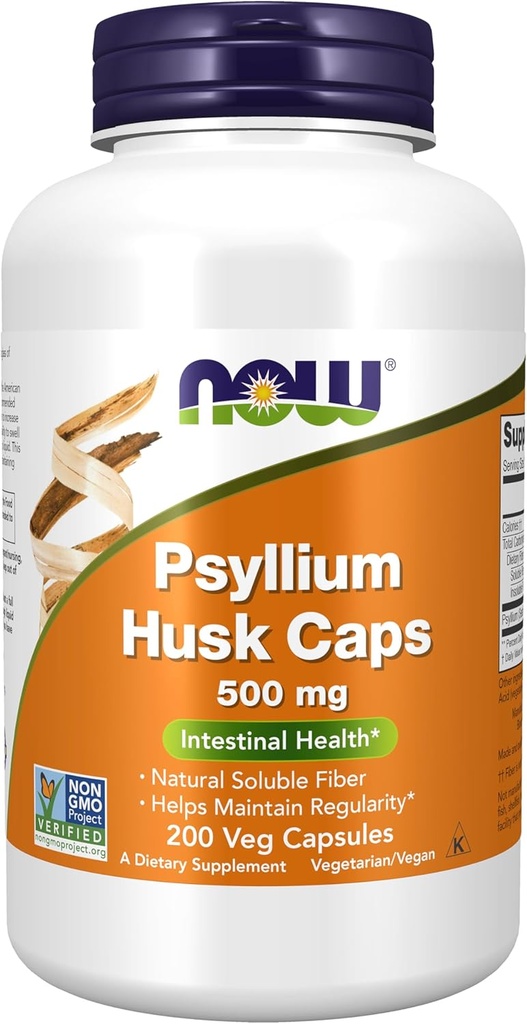 NOW Foods Supplements, Psyllium Husk Caps 500 mg, Non-GMO Project Verified, Natural Soluble Fiber, Intestinal Health*, 200 Veg Capsules