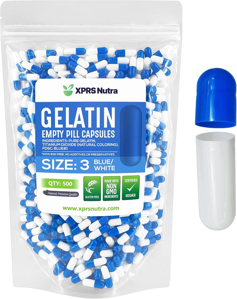 XPRS Nutra Μέγεθος 3 Κενές κάψουλες - 500 Count Empty Gelatin Κάψουλες - Χάπια DIY Καψάκιο Γέμισμα - Αγνά καπάκια τζελ Μπόβιν Χάπια Γέμισμα για Do-It-Yourself Βιταμίνες και Συμπληρώματα (Blue/White)