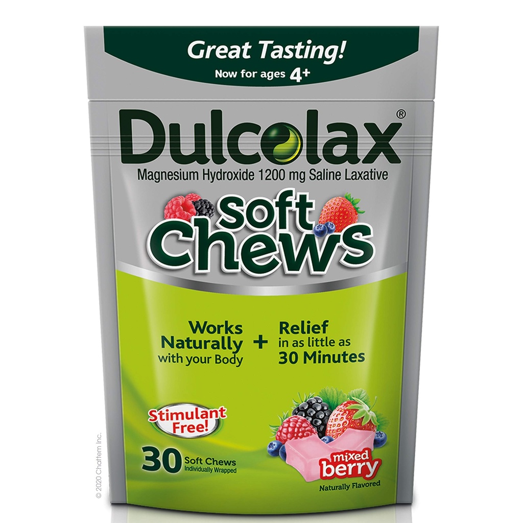 Dulcolax Soft Chews Αλουμινόχαρτο Laxative Mixed Berry (60ct & 30ct) 1200mg Μαγνήσιο Υδροξείδιο Απαλή ανακούφιση δυσκοιλιότητας
