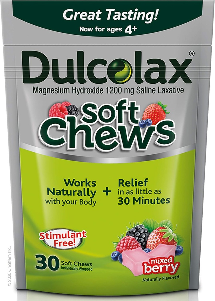 Dulcolax Soft Chews Αλουμινόχαρτο Laxative Mixed Berry (60ct & 30ct) 1200mg Μαγνήσιο Υδροξείδιο Απαλή ανακούφιση δυσκοιλιότητας