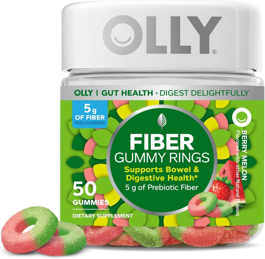 OLLY Gummy Δαχτυλίδια Ίνες, 5g Prebiotic Fiber, FOS (Fructo-ολιγοσακχαρίτες), Digestive Υποστήριξη, Berry Melon 50ct