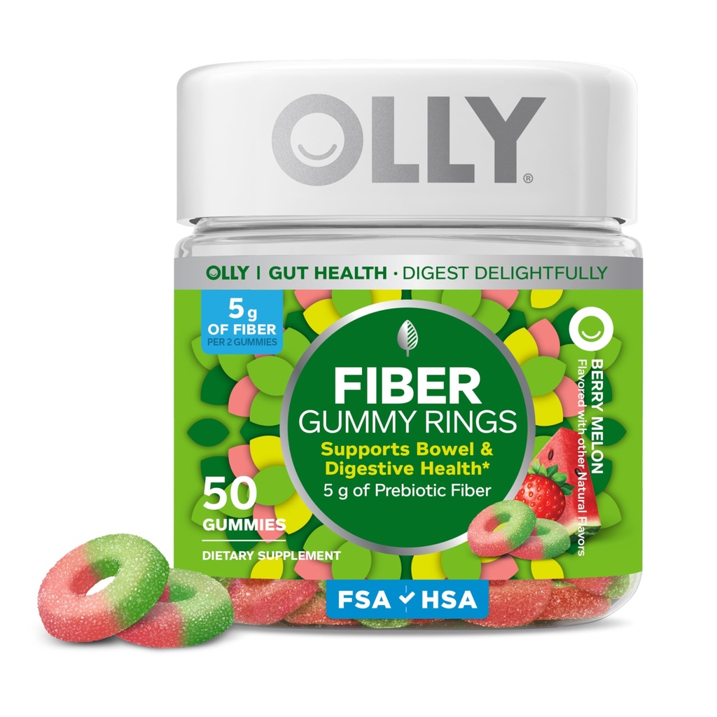 OLLY Gummy δαχτυλίδια Ίνες, 5g FOS Prebiotic Fiber, Digestive Health Supplement,* Φράουλα Καρπούζι Γεύση, 25 Ημέρα προσφοράς - 50 Count
