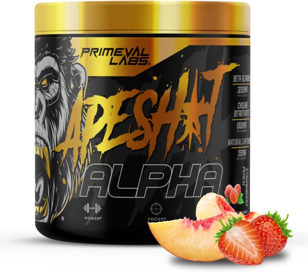 Primeval Labs Ape Alpha Natural Pre Workout for Men and Women | Increase Endurance and Focus | 350mg Caffeine | Beta-Alanine |L citrulline | Nitric Oxide Booster | Strawberry Peach, 40 Servings
