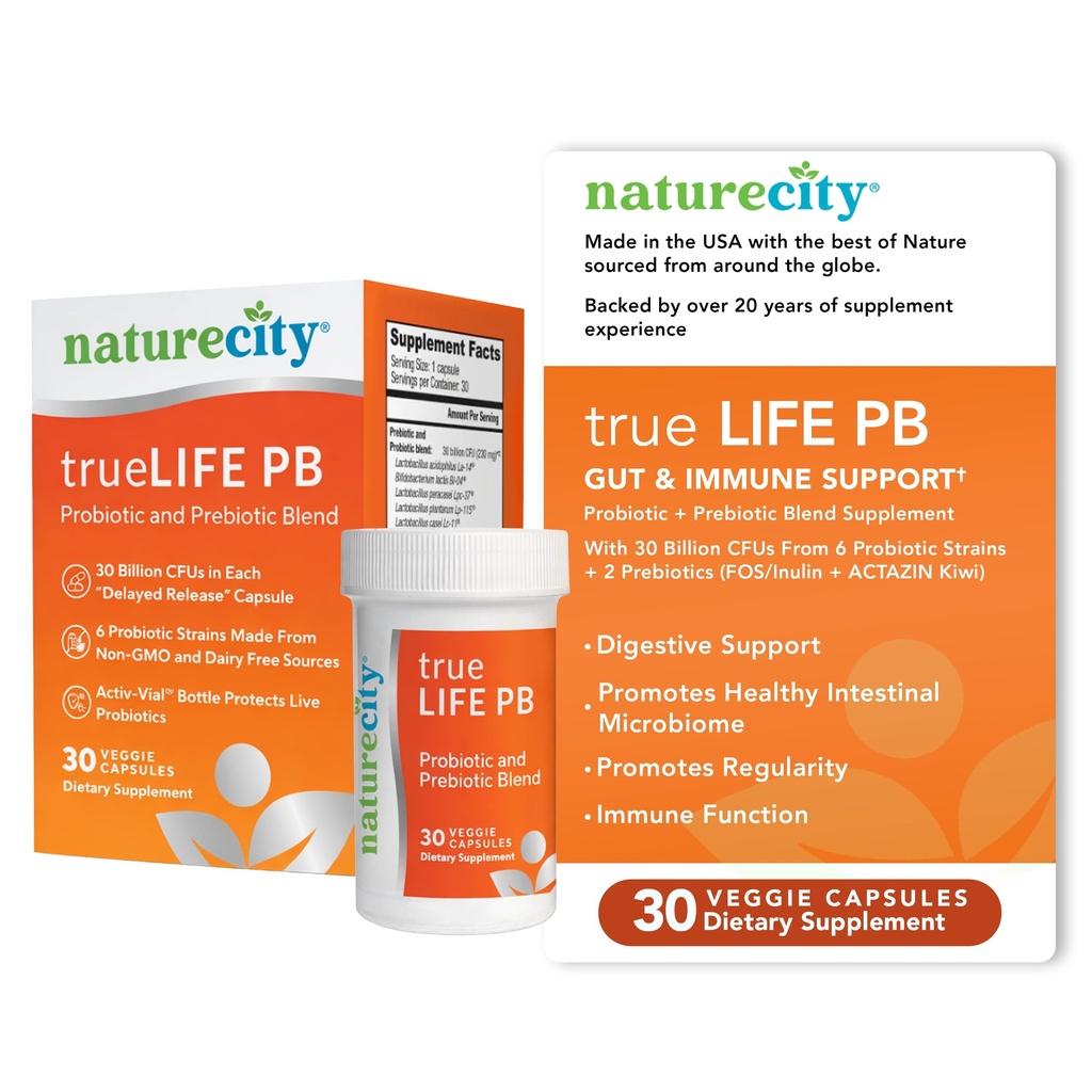 NatureCity True-Life-PB Ράφι Σταθερό Μείγμα Πρεβιοτικών και Προβιοτικών για γυναίκες και άνδρες - Digestive Gut Health Συμπληρώματα για γυναίκες και άνδρες - Γαλακτοκομικά Χωρίς - (30 κάψουλες λαχανικών)