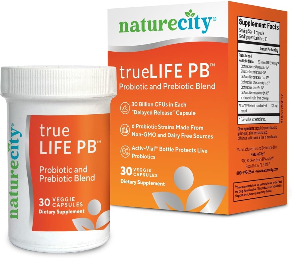 NatureCity True-Life-PB Ράφι Σταθερό Μείγμα Πρεβιοτικών και Προβιοτικών για γυναίκες και άνδρες - Digestive Gut Health Συμπληρώματα για γυναίκες και άνδρες - Γαλακτοκομικά Χωρίς - (30 κάψουλες λαχανικών)