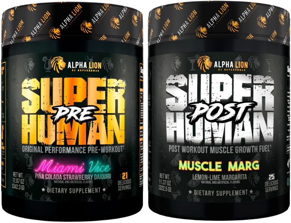 ALPHA LION Superhuman Pre Processing Powder & Post Workout Recovery Bundle, Contentive Energy & Focus + Lean μυϊκή ανάπτυξη, δύναμη & όγκο (Miami Vice & Muscle Marg)