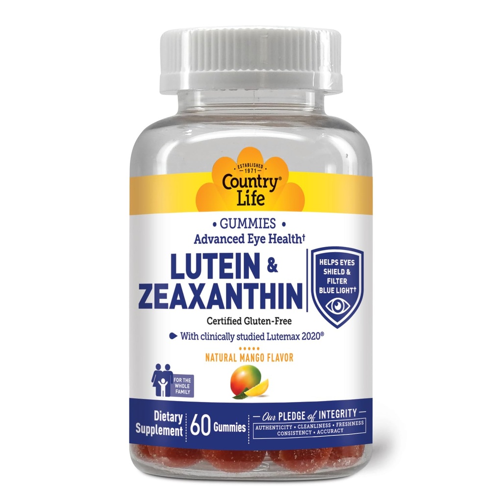 Country Life Lutein Gummies με Lutemax 2020, 60 Ct, Chewable Natural Eye Support Supplement, Marigold Lutein, Zeaxanthin, Eye Health & Macular Support, Μη ΓΤΟ, Φυσικό Πεκτίνη Φρούτων, Vegan