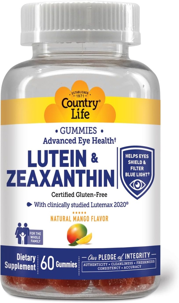 Country Life Lutein Gummies με Lutemax 2020, 60 Ct, Chewable Natural Eye Support Supplement, Marigold Lutein, Zeaxanthin, Eye Health & Macular Support, Μη ΓΤΟ, Φυσικό Πεκτίνη Φρούτων, Vegan