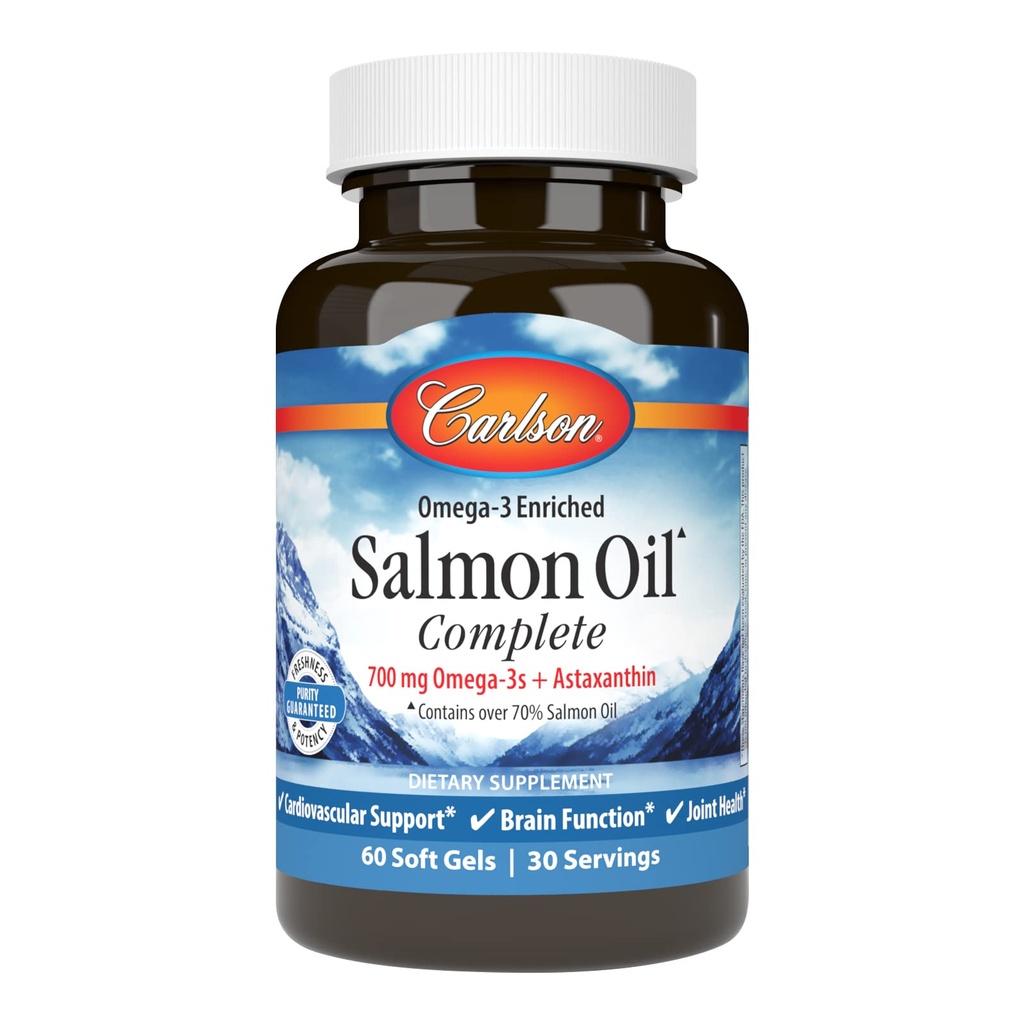 Carlson - Oil Salmon Complete, 700 mg Ωμέγα-3s + Ασταξανθίνη, Καρδιαγγειακή Υποστήριξη, Εγκεφαλική λειτουργία & κοινή υγεία, 60 Softgels