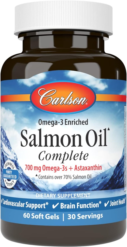 Carlson - Oil Salmon Complete, 700 mg Ωμέγα-3s + Ασταξανθίνη, Καρδιαγγειακή Υποστήριξη, Εγκεφαλική λειτουργία & κοινή υγεία, 60 Softgels
